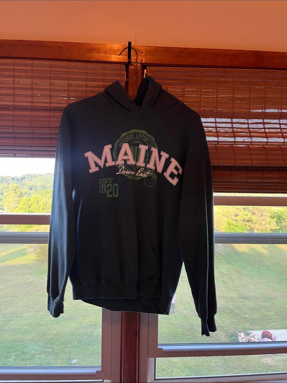 Blue gray Pullover Hoodie with green MAINE Graphic